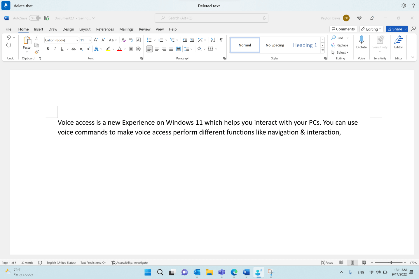 Word document showing the voice access command "Delete that."
