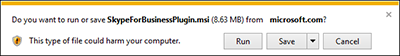 Select Run at the bottom of the browser window to install the Skype for Business Web App plug-in
