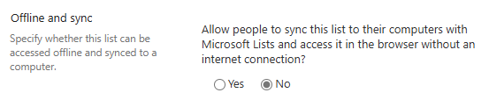 Offline and sync setting for lists
