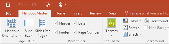 Shows the handout master ribbon in PowerPoint