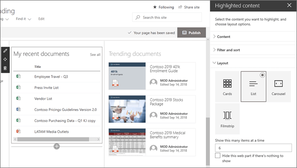 Sample Highlighted content web part input for modern Communications site in SharePoint Online