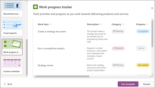 Screenshot of the Work Progress Tracker template preview, when creating a list from a template