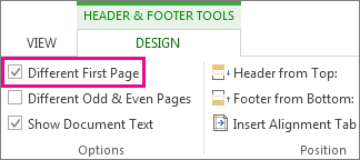 Image showing 'different first page' checkbox under Options in the Header and Footer tools.