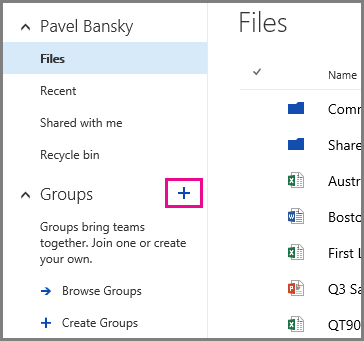 Screenshot of creating a group from OneDrive for Business by clicking the plus sign