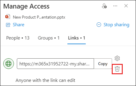 Screenshot showing the manage access dialog box with the link tab open. The remove link button is highlighted.