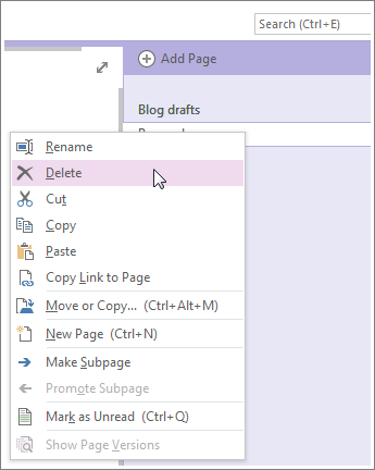 Right-click a page tab to delete the page.