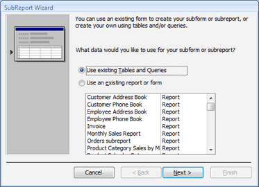 Choosing the source of data in the Subreport Wizard