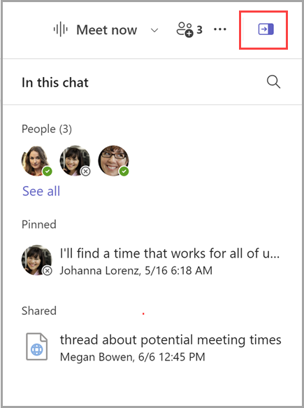 Screenshot of how to reveal a chat info pane that includes a list of 3 people, 1 pinned message, and 1 shared document.