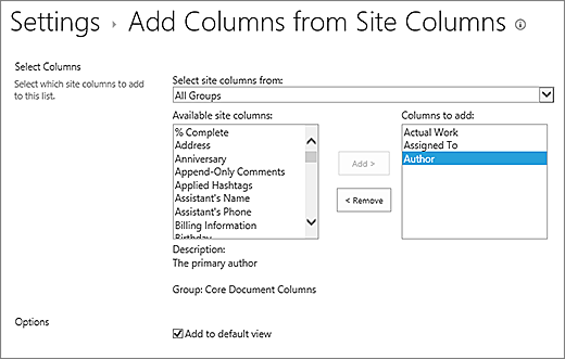 Add existing column page with 3 selected