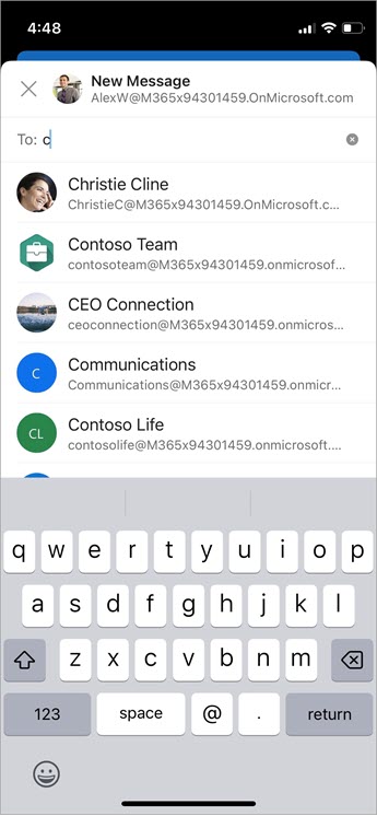 Manage suggested recipients in the To, Cc, and Bcc boxes with Auto-Complete mobile screenshot