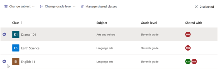 screenshot of Your class sharing view in insights with drama 101 and english 11 selected from the list. At the top of the page options include change subject, change grade level, and manage classes