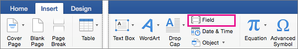 The Field option is highlighted on the Insert tab.