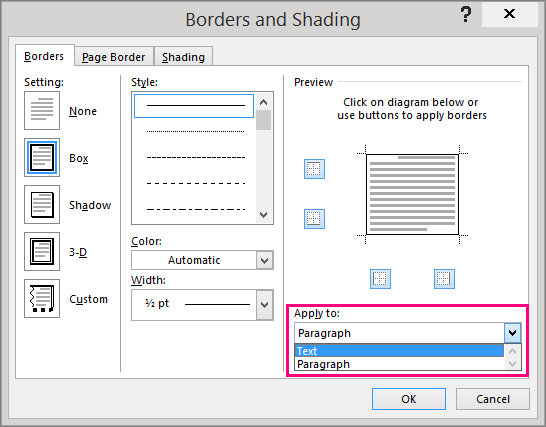 The options in Apply to box are highlighted in the Borders and Shading dialog box.