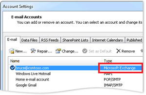 Example of an Exchange Account in the Account Settings dialog box