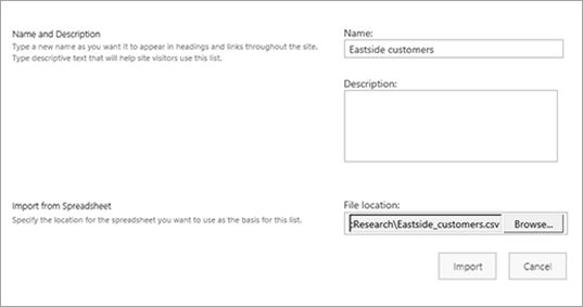 Screenshot of name, description, and file location dialog box for import spreadsheet in SharePoint.