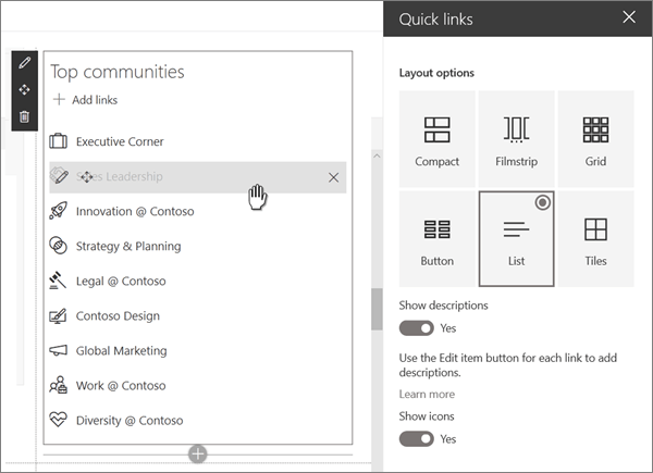 Sample Quick Links web part input for modern Communications site in SharePoint Online
