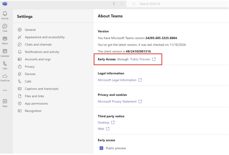 Early Access active in Teams