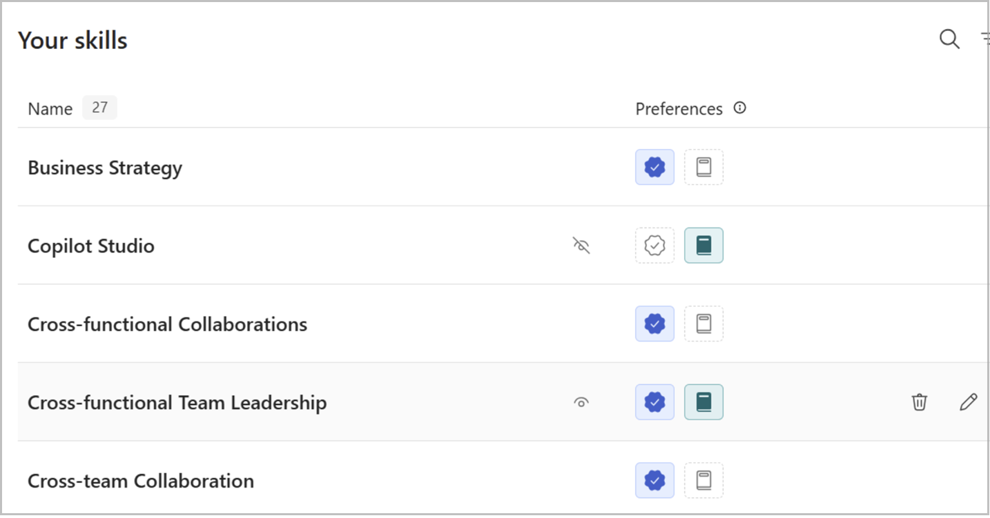 A list of your skills with your preferences and icons to confirm and grow your skills.