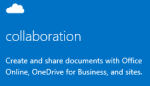 Screen shot of  the Admin getting started pane for collaboration, including OneDrive for Business, Office Web Apps, and team sites. Click to open the related help topic.