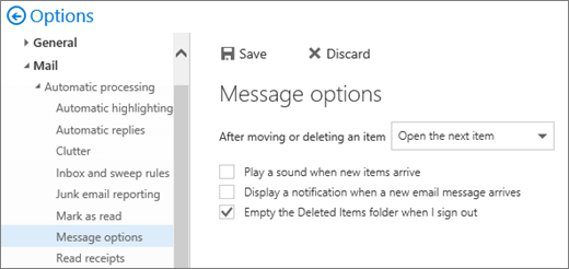 A screenshot shows the Message Options dialog box where the check box is selected for Empty the Deleted Items folder when I sign out.