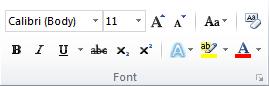 The Font group on the Home tab in the Word 2010 ribbon.