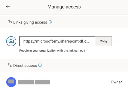 The Manage access menu, which allows you to change options as well as see who the file is shared with.