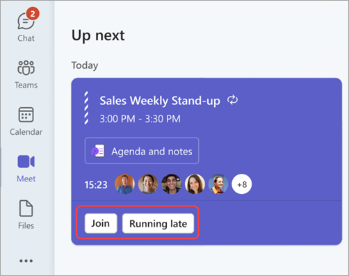 Screenshot highlighting Join and Running late actions in Teams
