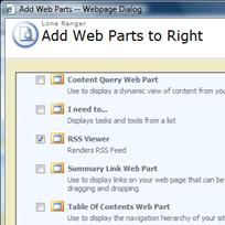 Add Web Parts dialog box showing RSS Viewer selection