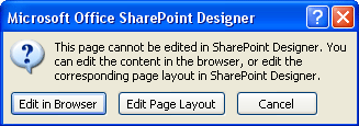 Message that you cannot edit the page, but you can edit the corresponding page layout
