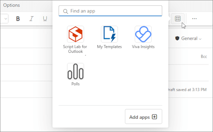 The Apps flyout menu from the ribbon of a message being composed in Outlook on the web and in the new Outlook for Windows.