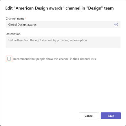 A screenshot of the option to edit a channel. It has fields for the channel's name and description. To update the channel's visibility settings, select  Recommend that people show this channel in their channel lists.