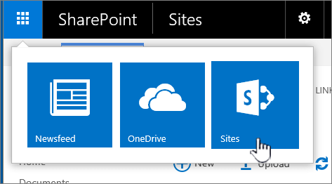 SharePoint app launcher with sites highlighted