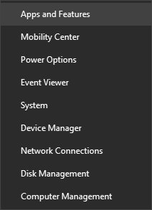 Screenshot of start menu showing Apps and Features
