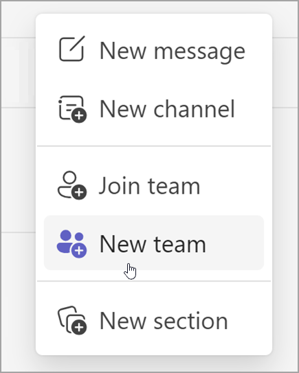 Screenshot of the option to create a new team. It reveals after selecting the new items option.