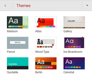 The Themes menu in PowerPoint for Android.