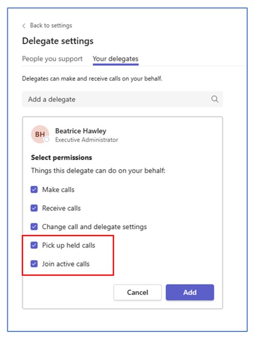 a menu of possible permissions for delegates, allowing them to make calls, receive calls, change call and delegate settings, pick up held calls, and join active calls.