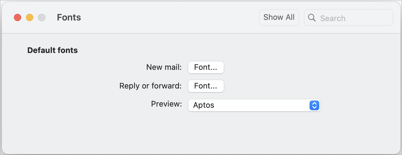 You can customize the font for new mail, replies or forwards and the preview text in your inbox.