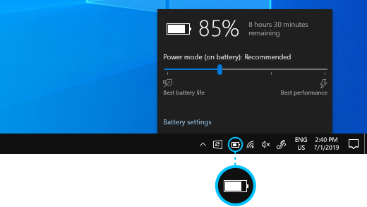 Battery status on the Windows 10 taskbar.