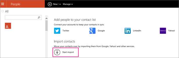 Choose Start import to select where you are going to import contacts from.