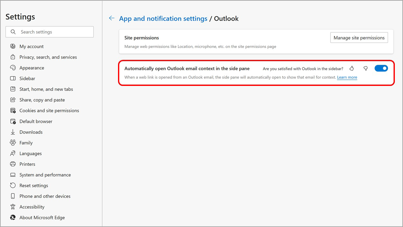 Turn off Outlook content opening in Microsoft Edge side pane from the Microsoft Edge Sidebar settings.