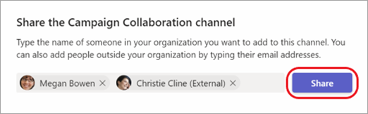 Screenshot showing how to share a channel with internal and external people