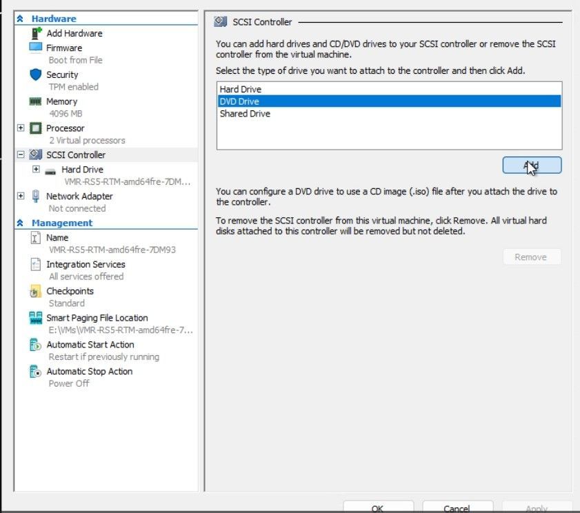 A screenshot of a Hyper-V virtual machine (VM) settings, with the SCSI Controller section highlighted, and option to Add a DVD Drive.