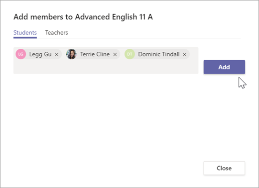 Search and add students to a Team in the Add members option