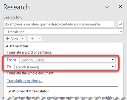The Research pane lets you select options for translating text in an email message.