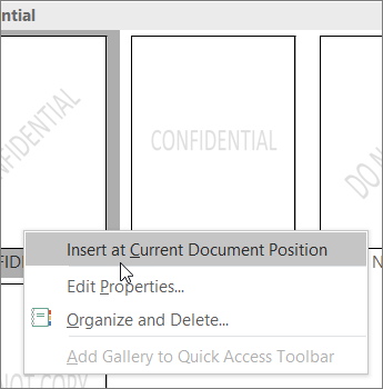 Right-clicking the watermark thumbnail that shows the Insert at Current Document Position command.