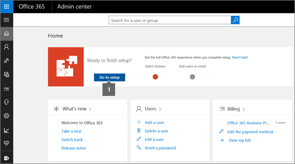 Click Setup on Office 365 Admin page