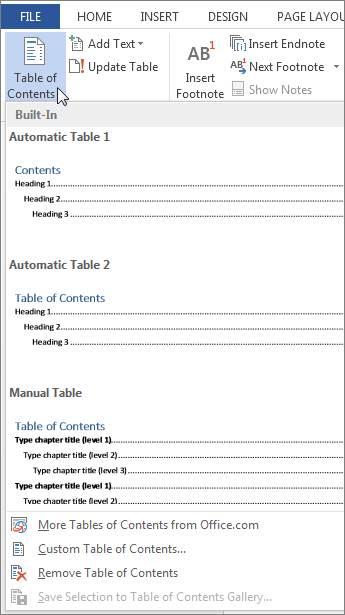 create manual table of contents word 2016