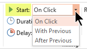 The Start options for animation effects in PowerPoint