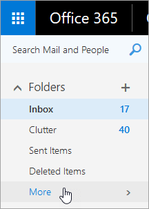 A screenshot of the cursor hovering over the More button in the navigation pane in Outlook on the web.