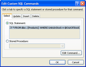 Edit Custom SQL Commands dialog box with SQL statement
